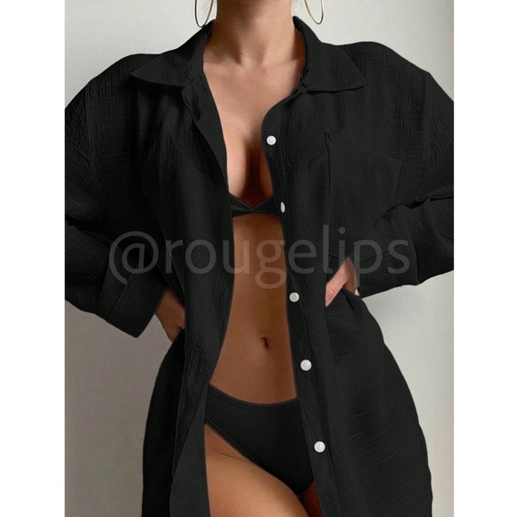 Black Long Button Up Shirt Beach Coverup Long Sleeve - Picture 3 of 5